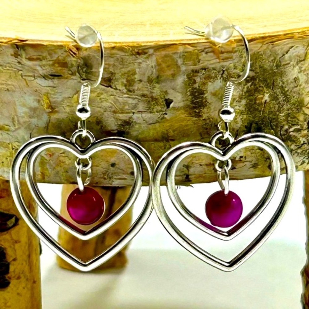 Handmade Sterling Silver Heart Pendant Earrings with Pink Tiger Eye Stones